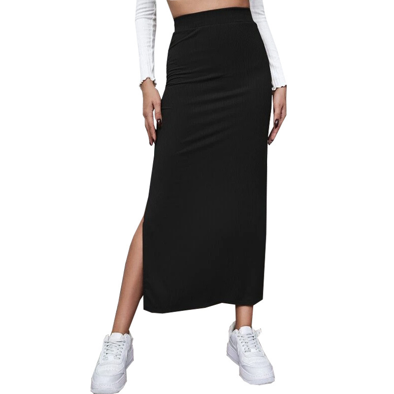 Solid Ruched Side Split Skirt, Casual Stretchy Every Day Skirt, Women's Clothing